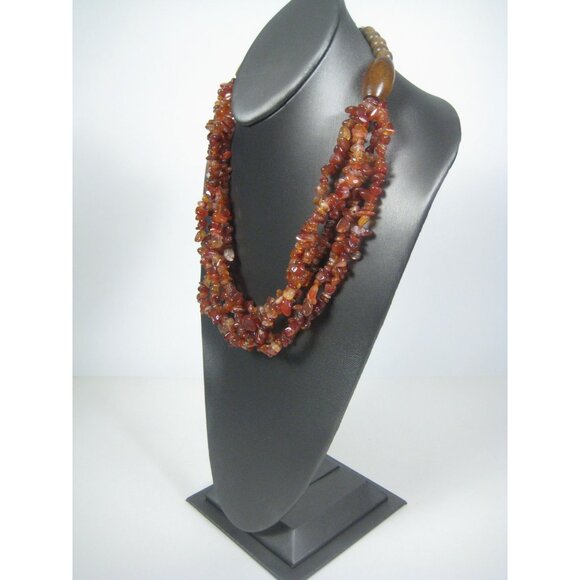 Carnelian Stone Chip Multi Strand Beaded Necklace  Wooden Accents Boho Chic 21in - Picture 7 of 9